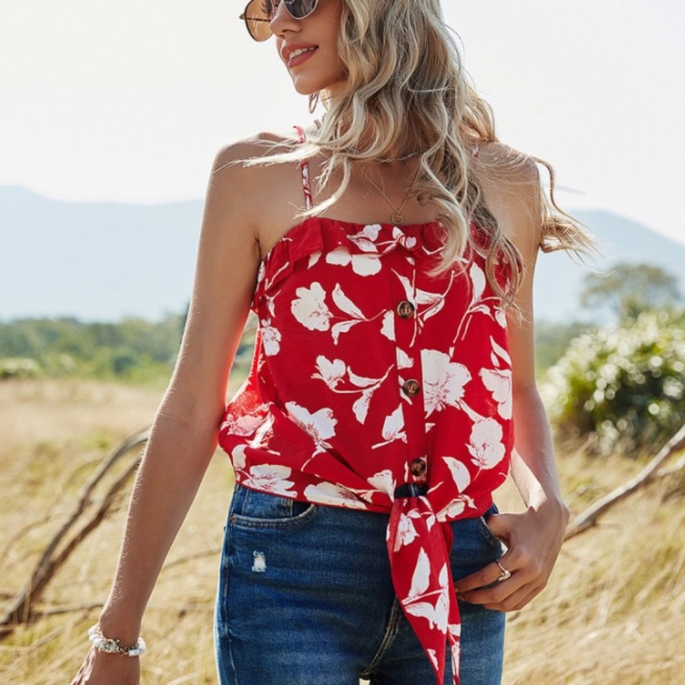 Floral Print Tank Top With Tie & Ruffle - Picture 2 of 6